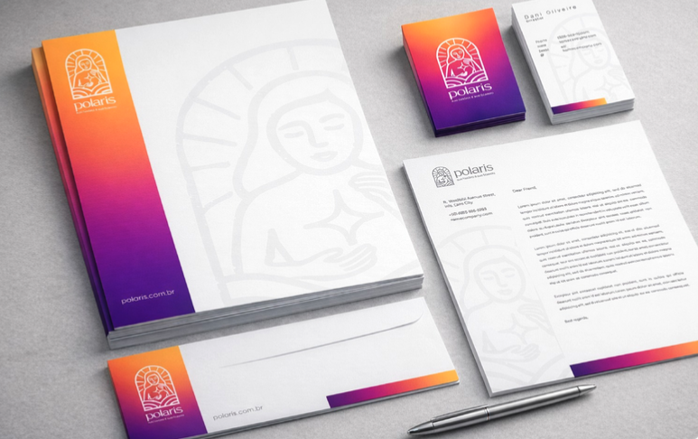 Polaris — sistema de papelaria e identidade aplicada